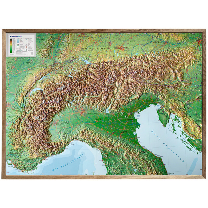 Georelief Regional-Karte Alpen (77 x 57 cm) 3D Reliefkarte mit Holzrahmen
