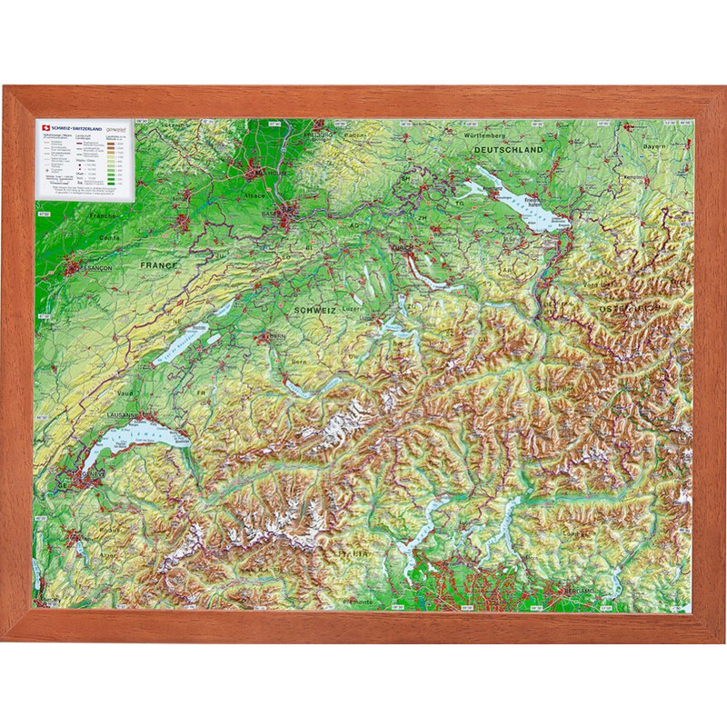 Georelief Suisse (39x29) Carte 3D en relief avec cadre en bois