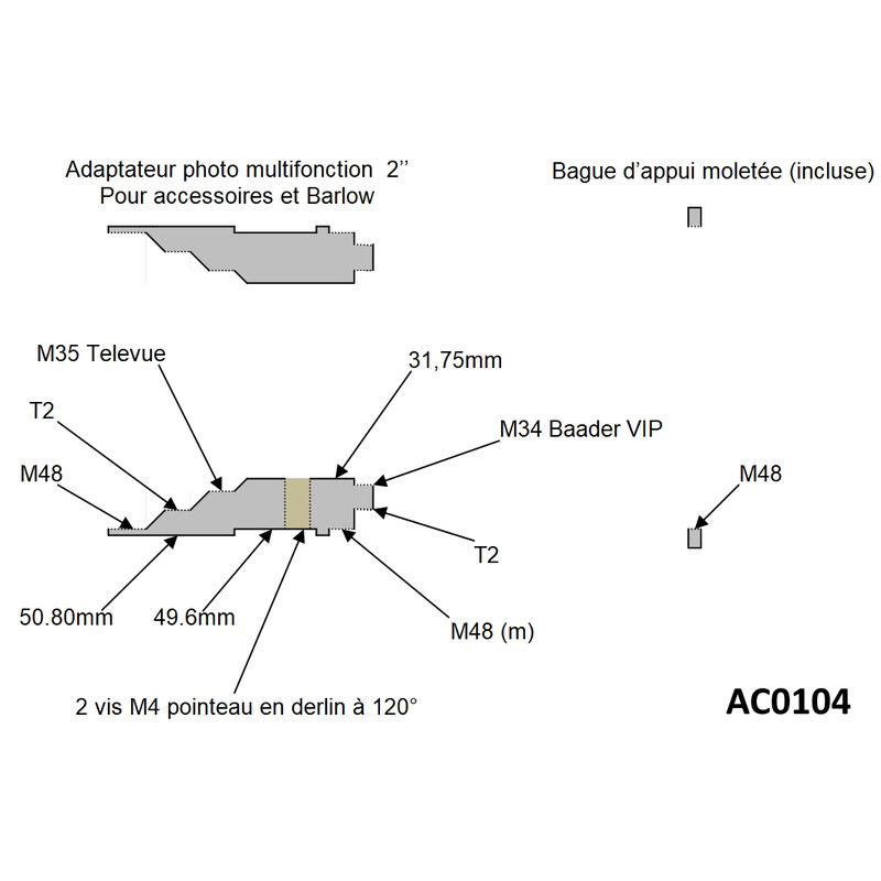 Pierro Astro Kamera-Adapter 50,80mm auf T2 und M48 für Barlow