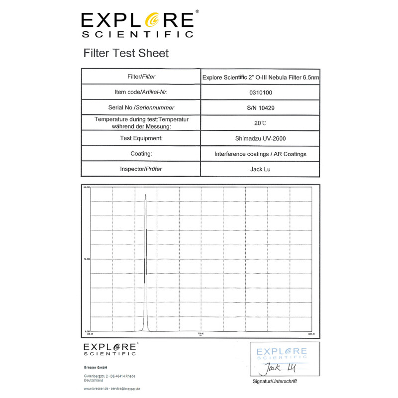 Filtre Explore Scientific OIII 6,5nm 2"