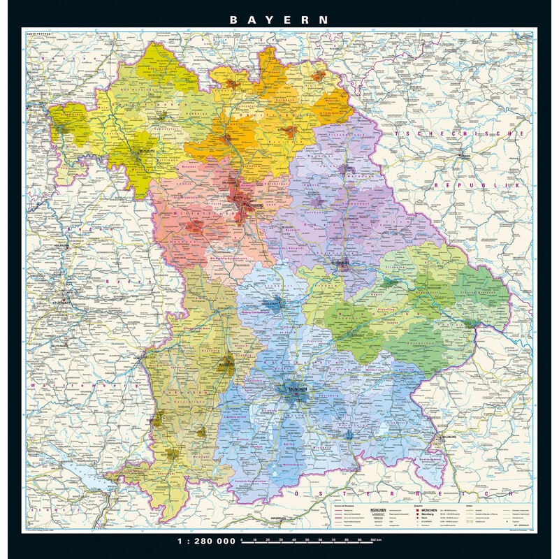 Carte régionale PONS Bavière physique/politique (148 x 150 cm)