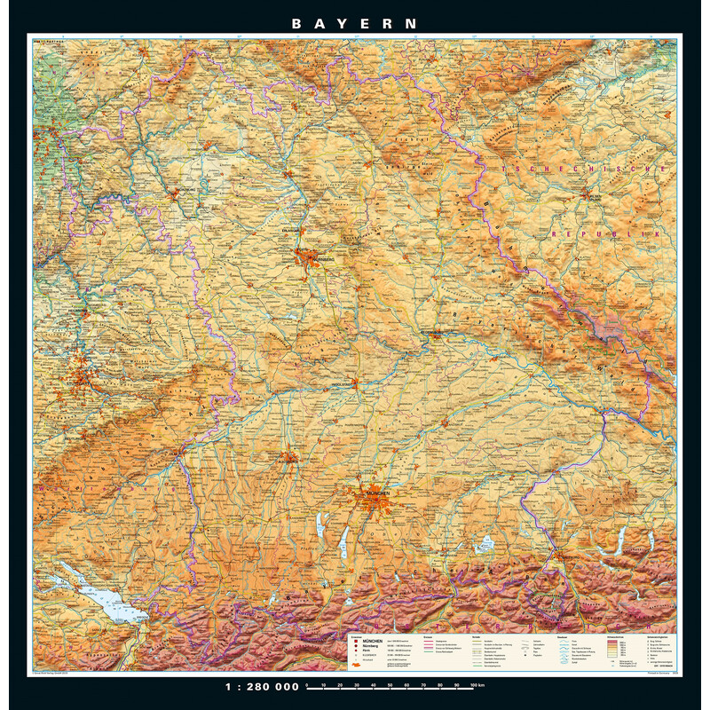 Carte régionale PONS Bavière physique/politique (148 x 150 cm)