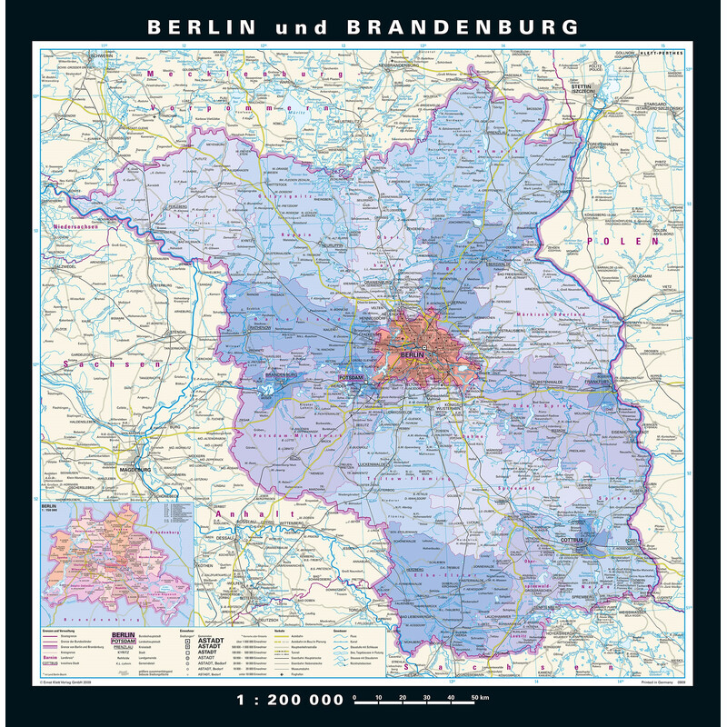 Carte régionale PONS Berlin-Brandebourg physique/politique (148 x 150 cm)