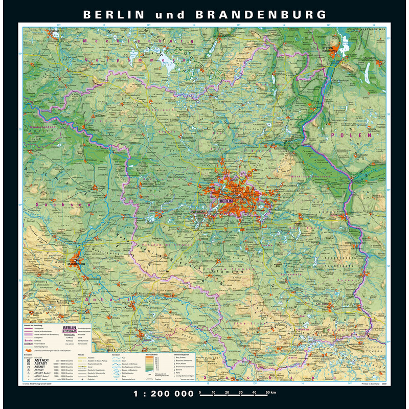 Carte régionale PONS Berlin-Brandebourg physique/politique (148 x 150 cm)