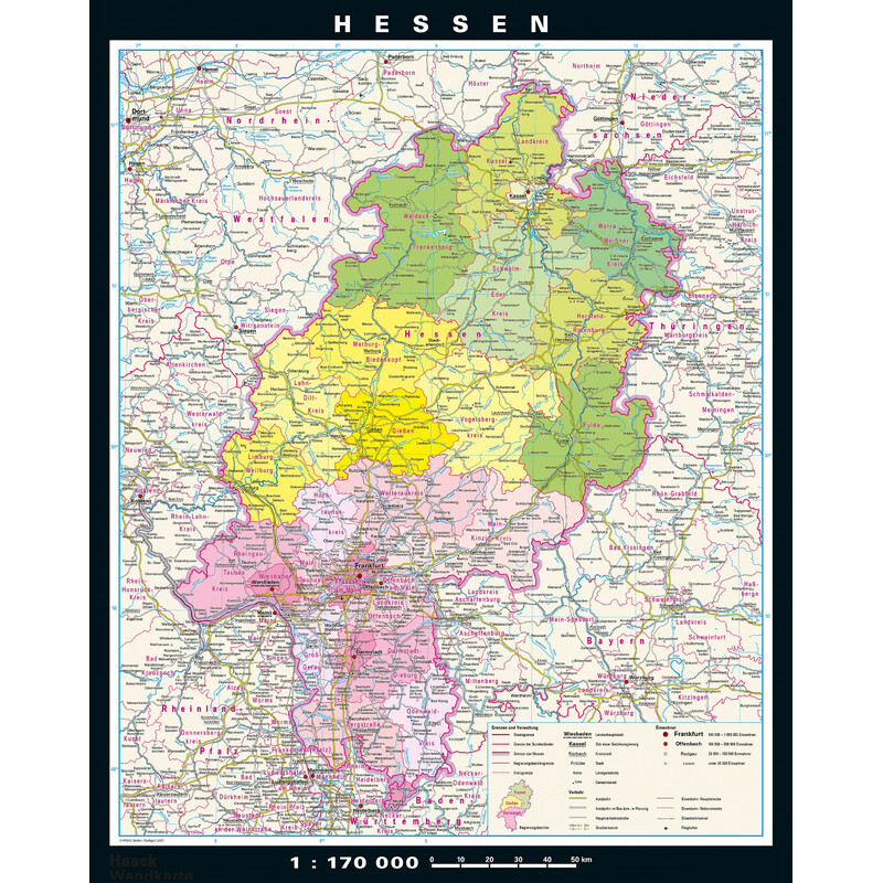 Carte régionale PONS Hessen physique/politique (148 x 183 cm)