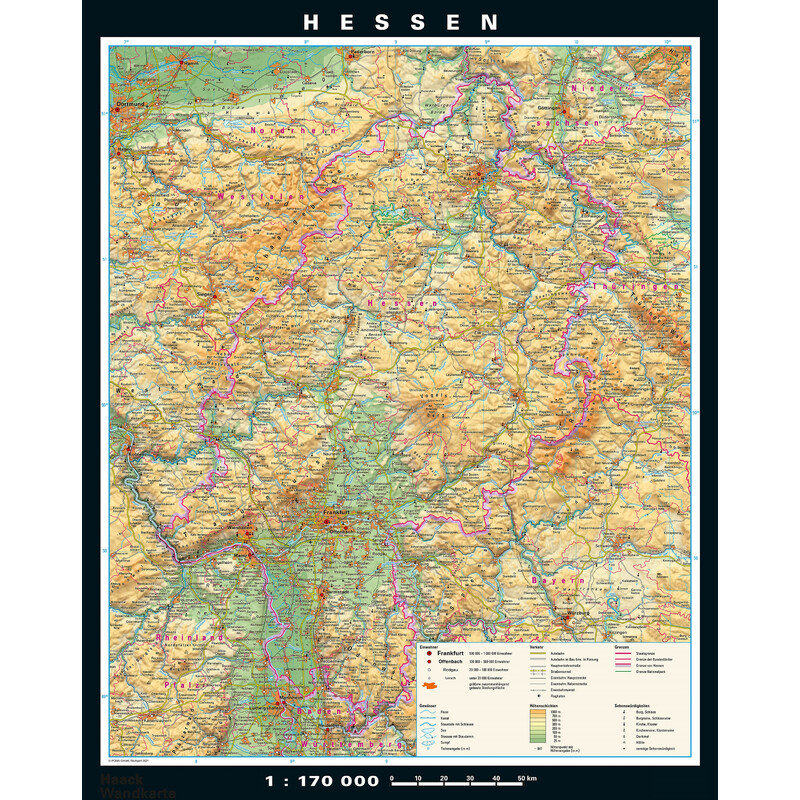 Carte régionale PONS Hessen physique/politique (148 x 183 cm)
