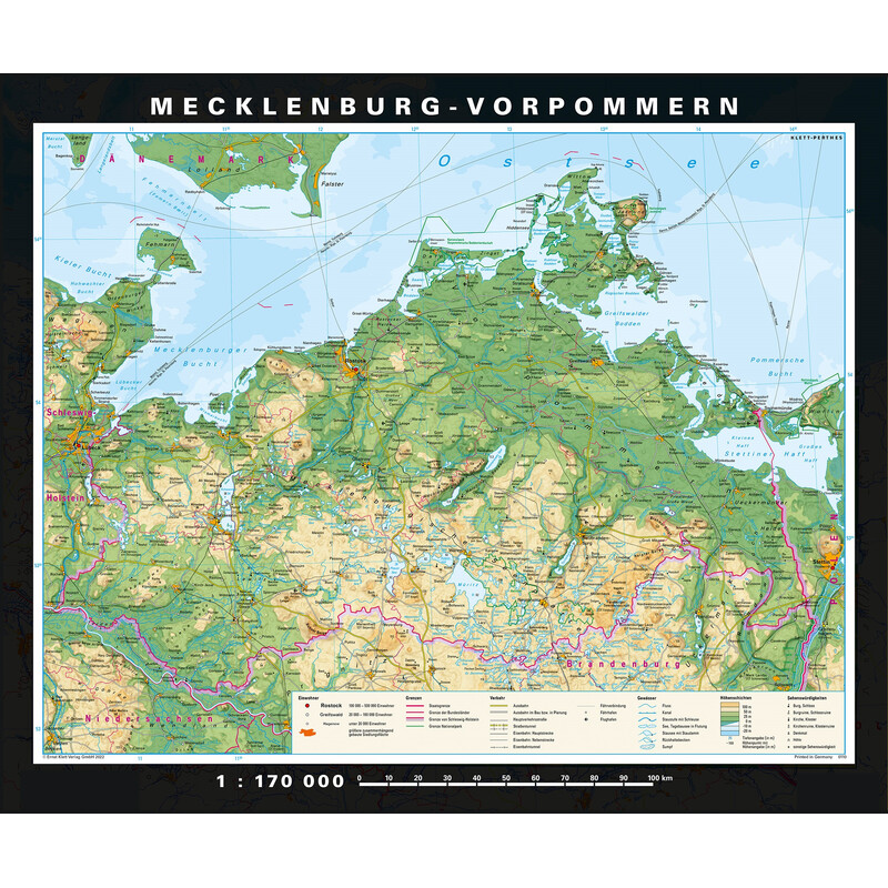 Carte régionale PONS Mecklenburg-Vorpommern physisch/politisch (178 x 148 cm)