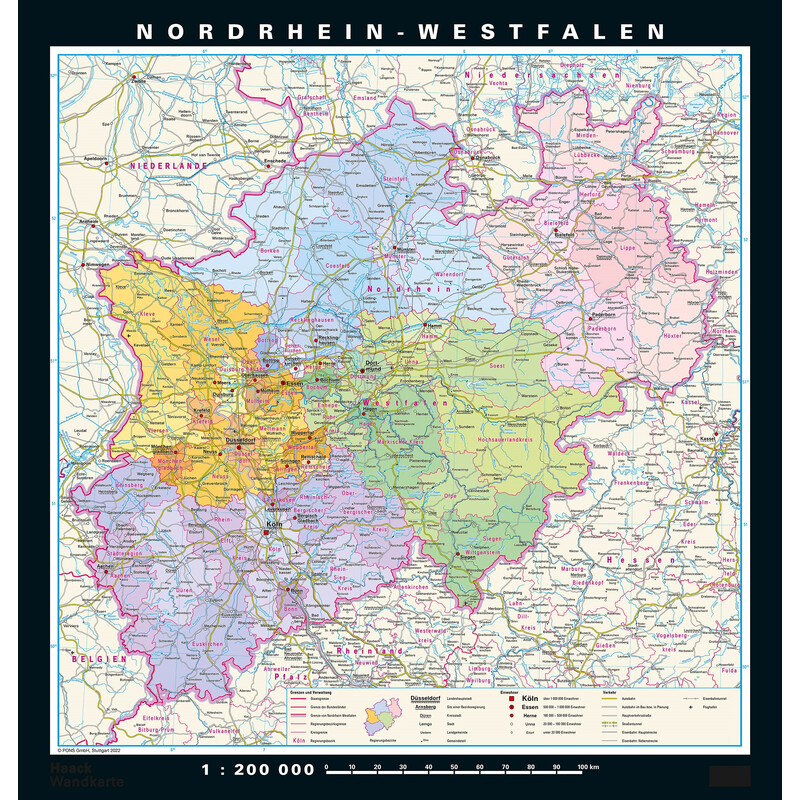 Carte régionale PONS Rhénanie du Nord-Westphalie physique/politique (148 x 155 cm)