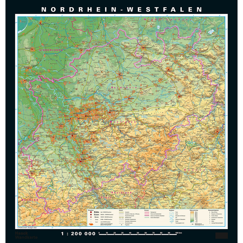 Carte régionale PONS Rhénanie du Nord-Westphalie physique/politique (148 x 155 cm)