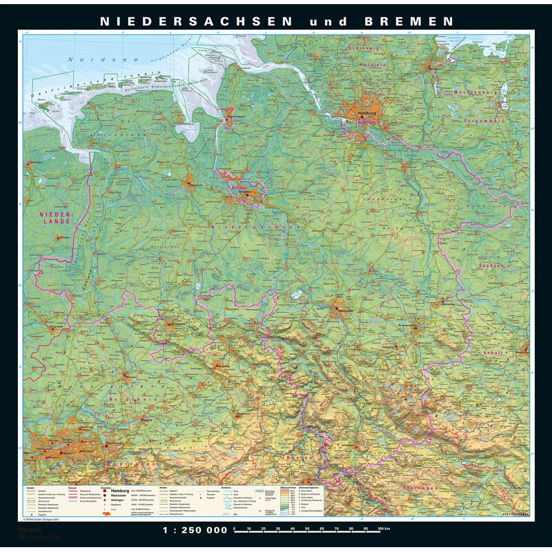 Carte régionale PONS Basse-Saxe et Brême physique/politique (148 x 150 cm)