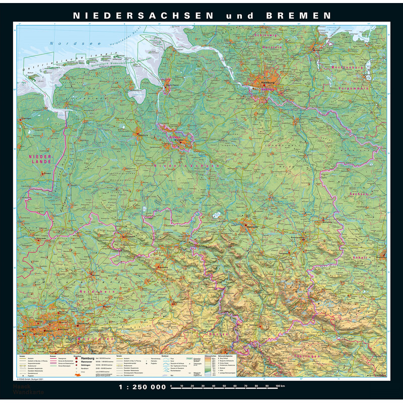 Carte régionale PONS Niedersachsen und Bremen physisch/politisch (148 x 150 cm)