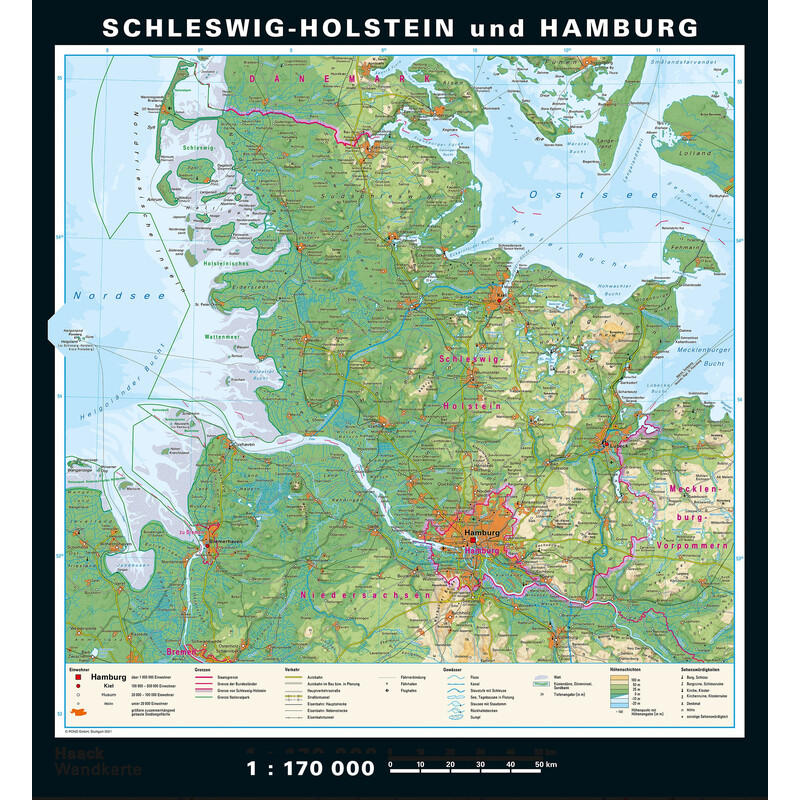 Carte régionale PONS Schleswig-Holstein et Hambourg physique/politique (148 x 175 cm)
