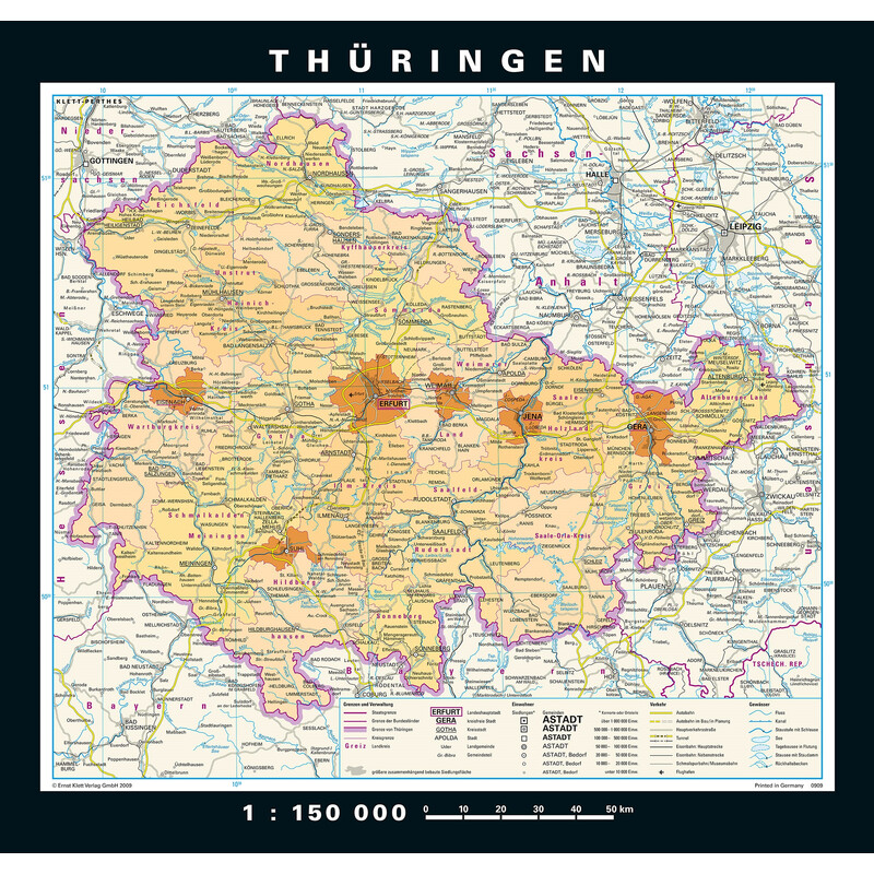 Carte régionale PONS Thuringe physique/politique (148 x 150 cm)