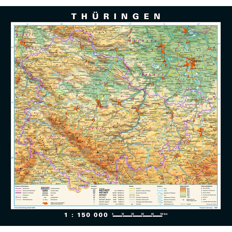 Carte régionale PONS Thuringe physique/politique (148 x 150 cm)