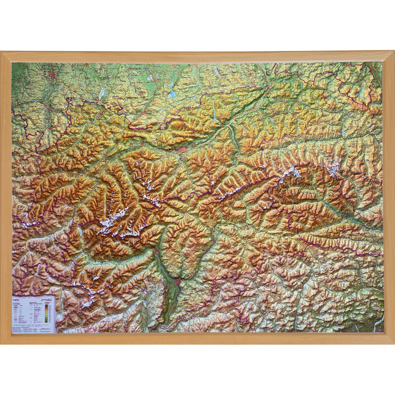Georelief Carte en relief 3D du Tyrol (78 x 58 cm) avec cadre en bois