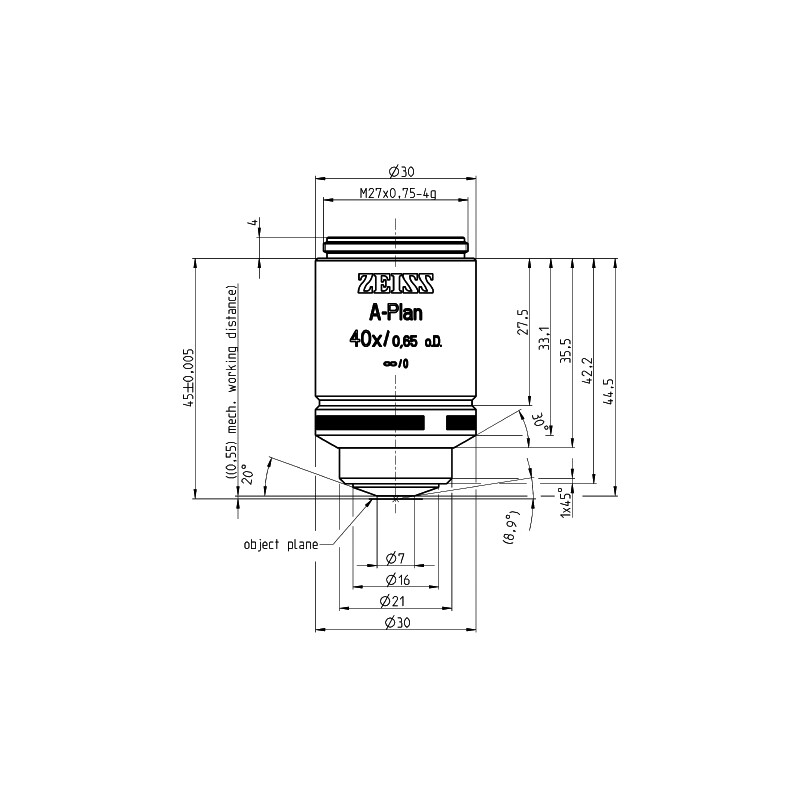 ZEISS Objectifs Plan A 40x/0,65 D=0 wd=0,55mm