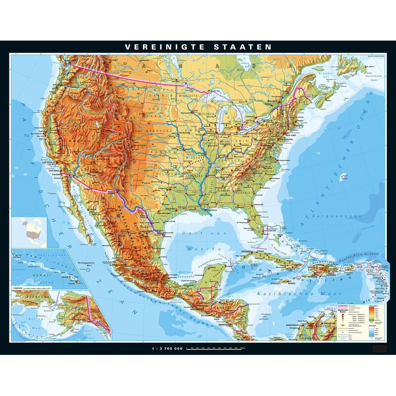 Carte géographique PONS États-Unis physiques (195 x 154 cm)