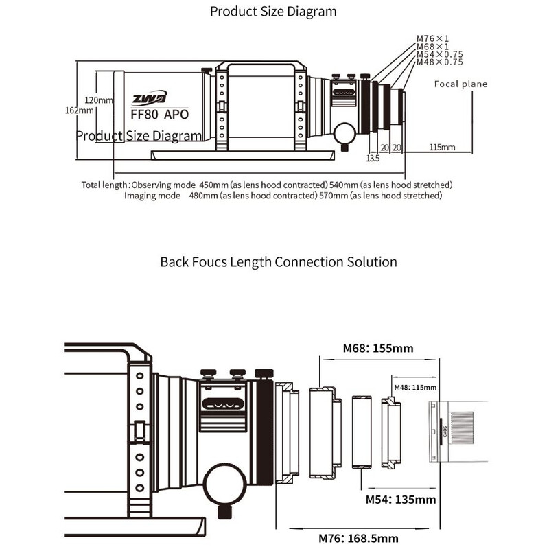 Lunette apochromatique ZWO FF80 AP 80/600 Quadruplet OTA