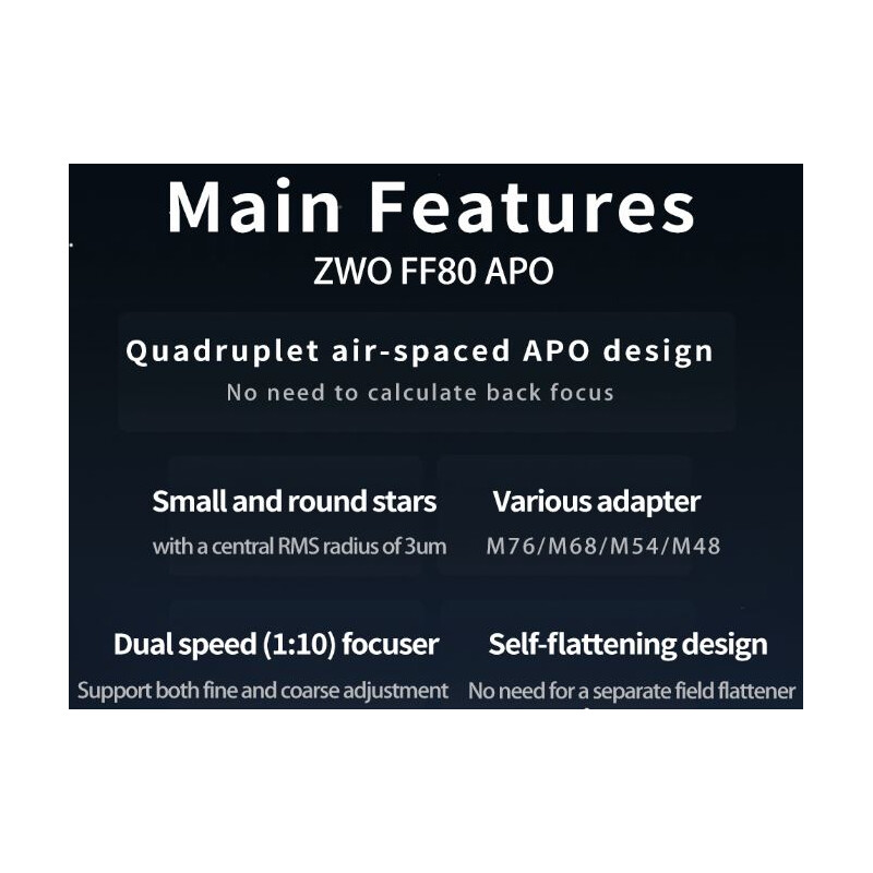 Lunette apochromatique ZWO FF80 AP 80/600 Quadruplet OTA