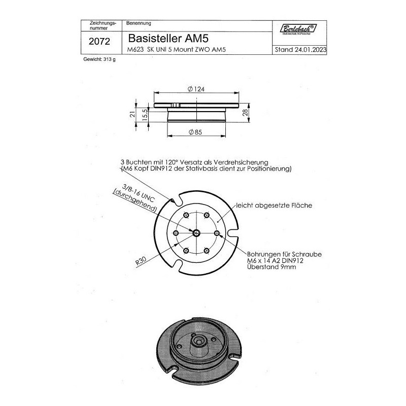 Berlebach Plaque d'adaptation Convient pour ZWO AM5