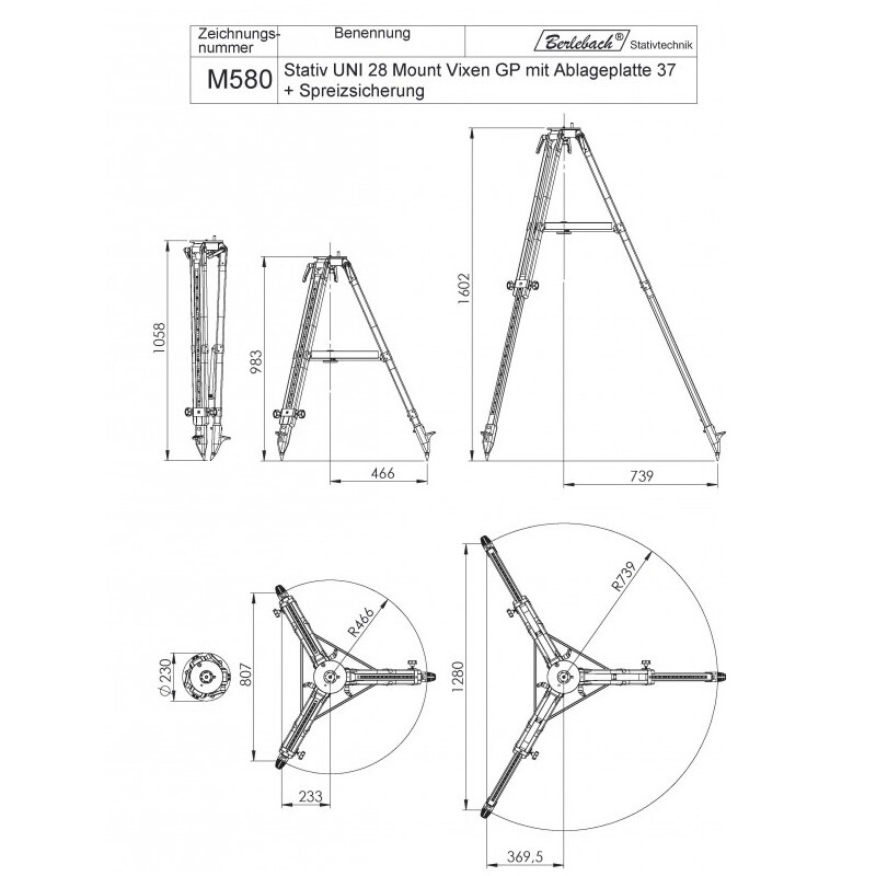 Trépied Berlebach Uni 28 avec plateau de rangement plat 3/8"