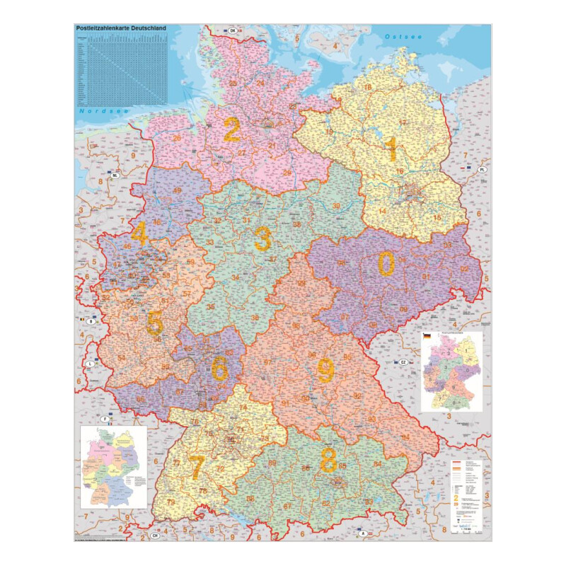 Stiefel Carte de l'Allemagne avec codes postaux, politique (100 cm x 140 cm)