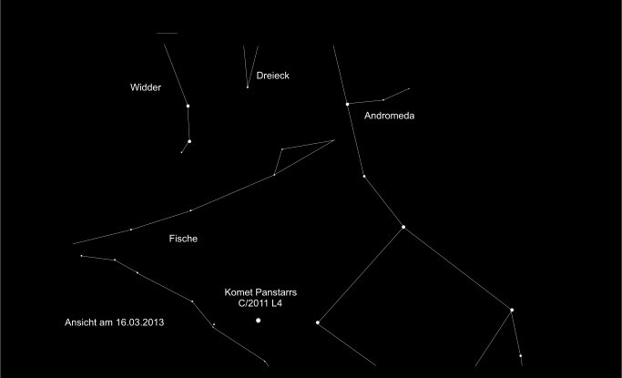 Der Komet Panstarrs dicht über dem westlichen Horizont am 16.03.2013 kurz nach Sonnenuntergang 