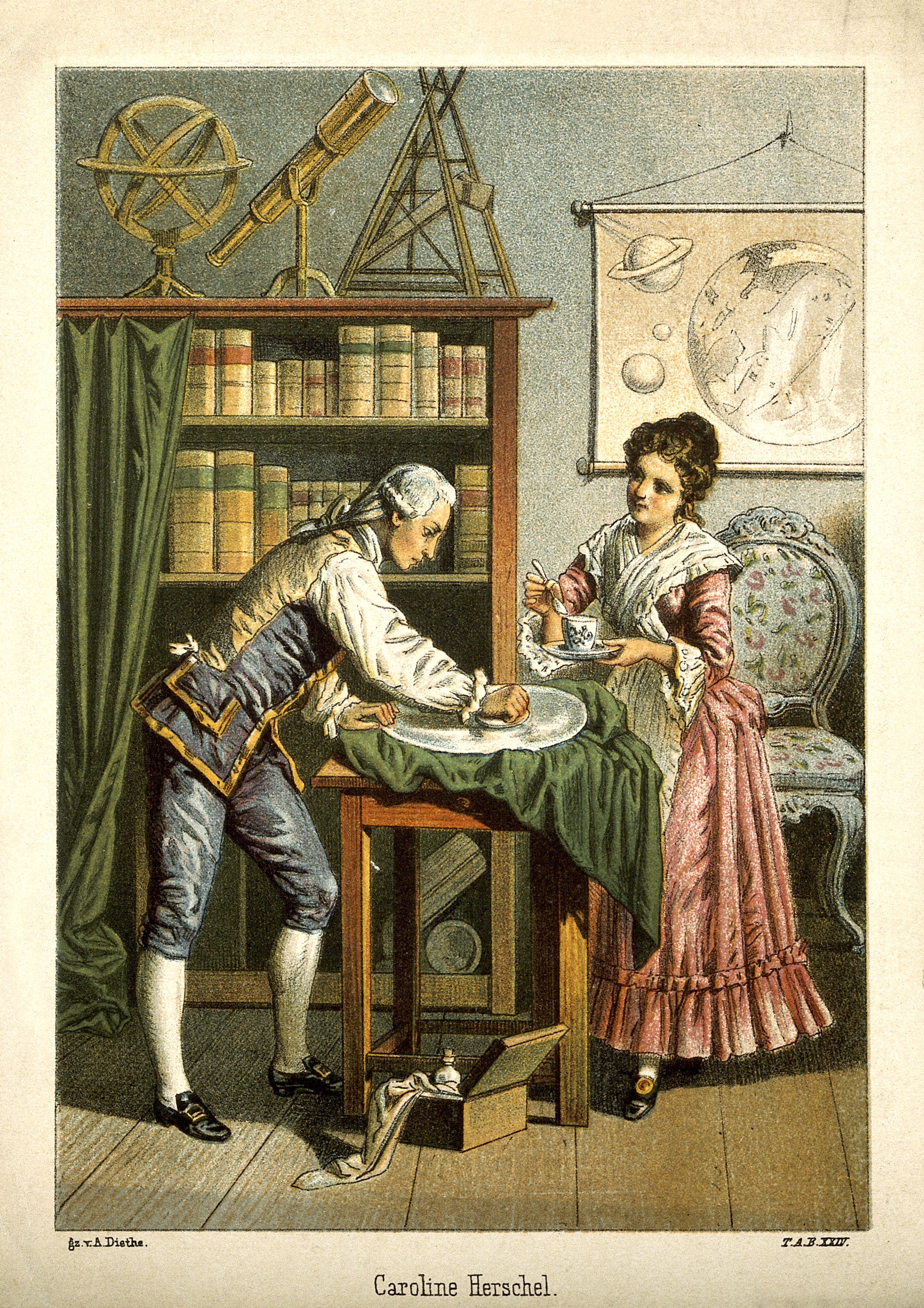 V0002731 Sir William Herschel and Caroline Herschel. Coloured lithogr Credit: Wellcome Library, London. Wellcome Images images@wellcome.ac.uk http://wellcomeimages.org Sir William Herschel and Caroline Herschel. Coloured lithograph by A. Diethe. Published: - Copyrighted work available under Creative Commons Attribution only licence CC BY 4.0 http://creativecommons.org/licenses/by/4.0/